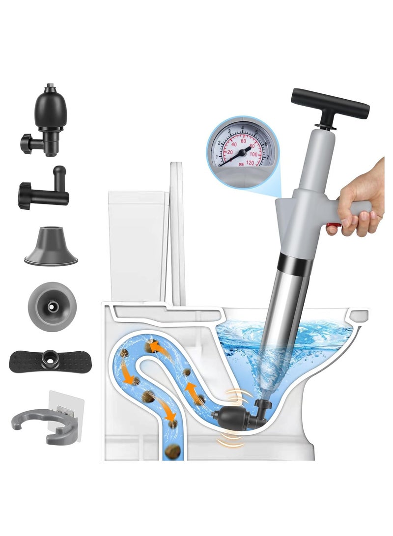 Toilet Plunger, Grey Toilet Unblocker Heavy Duty, High Pressure Plunger Kit with 4 Replaceable Heads ,Plunger Sink Unblocker for Unblocking Toilets, Sink, Bathtub, Floor, Drain - Image 1