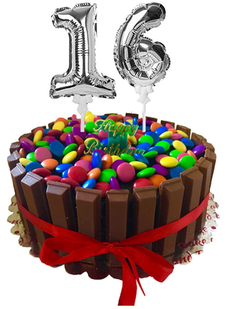 Amfin 16 Number Foil Balloon Cake Topper Wedding Decor Party Kids Birthday Anniversary Cake Flags Supplies - (Silver) - Image 1