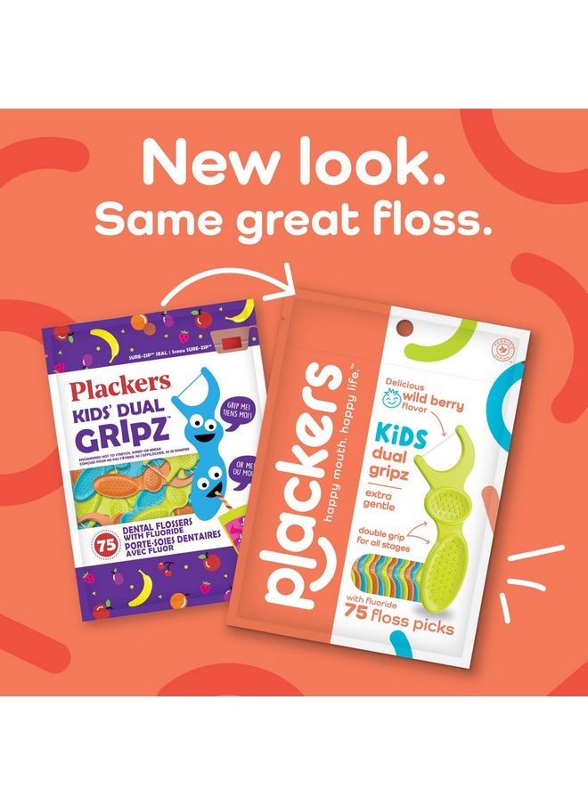 Plackers - Kids Dual Gripz Floss Picks With Double Grip Handle Wild Berry Flavor Colorful Floss Picks For Kids Of All Ages 75 Count (Pack Of 4) - Image 1