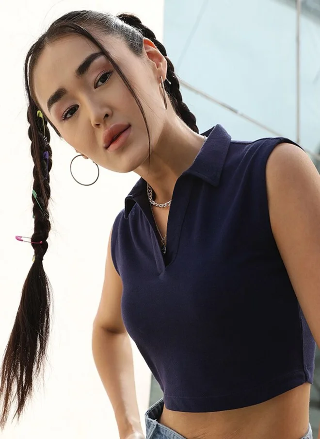 STREET 9 BASICS Navy Blue Polo Collar Sleeveless Crop T-Shirt for Women