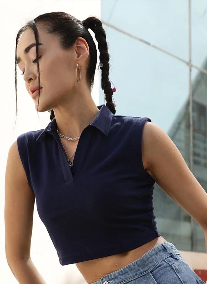 STREET 9 BASICS Navy Blue Polo Collar Sleeveless Crop T-Shirt for Women