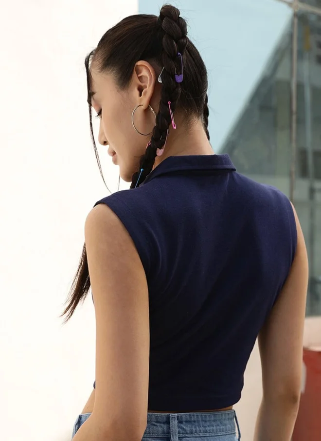 STREET 9 BASICS Navy Blue Polo Collar Sleeveless Crop T-Shirt for Women