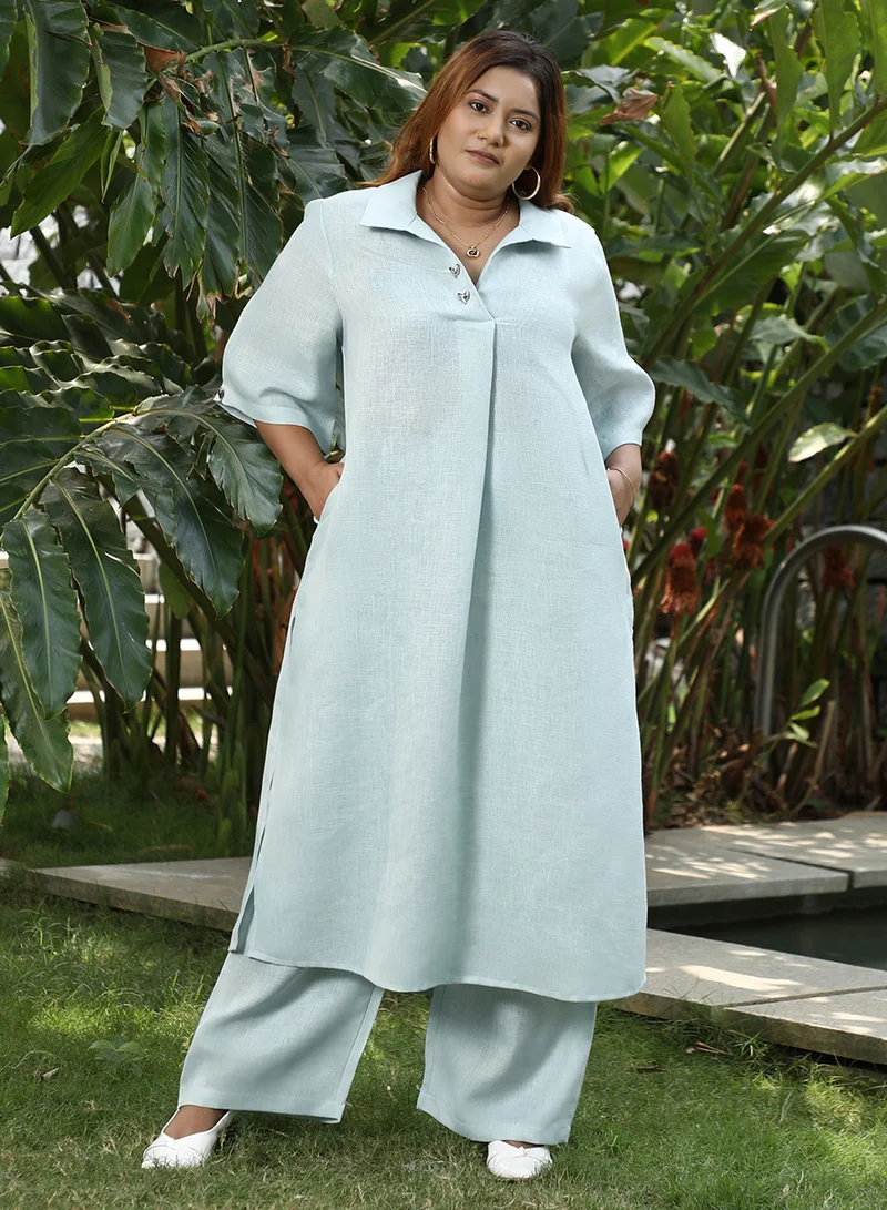 Instafab Plus  Women's Powder Blue Solid Linen-Blend Kurta Set for Women | Best Price UAE