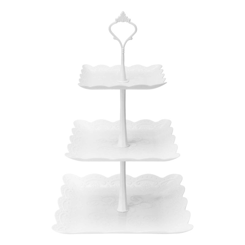Coitak 3 Tier Cupcake Stand Plastic Tiered Serving Stand Square Dessert Tray for Tea Party Baby Shower and Wedding Pure White