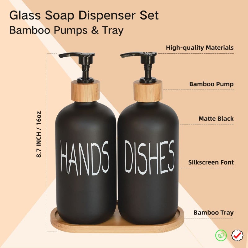 DIDROOM Glass Soap Dispenser Set. Hand and Dish with Bamboo Tray. Vintage Pump for Kitchen Drain Outlet Bathroom. Stylish Permanent Labels (Matte Black) - Image 2