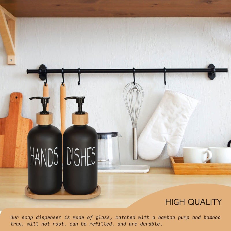 DIDROOM Glass Soap Dispenser Set. Hand and Dish with Bamboo Tray. Vintage Pump for Kitchen Drain Outlet Bathroom. Stylish Permanent Labels (Matte Black) - Image 4
