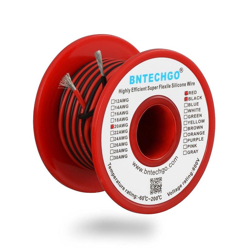 BNTECHGO 20 Gauge Silicone Wire Spool Red and Black Each 25ft 2 Separate Wires Flexible 20 AWG Stranded Tinned Copper Wire