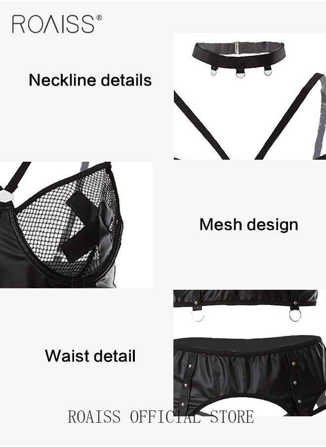 roaiss 3 Pieces Underwire Lingerie Set for Women with Fishnet Insert Garter Ladies Mesh Yarn Leather Stitching Spaghetti Strap Underwear Suit Comfy and Breathable Slim Fit Suspender Bodysuit  - Image 2