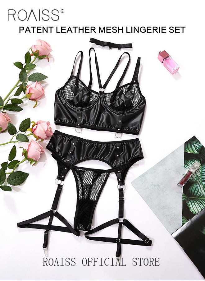 roaiss 3 Pieces Underwire Lingerie Set for Women with Fishnet Insert Garter Ladies Mesh Yarn Leather Stitching Spaghetti Strap Underwear Suit Comfy and Breathable Slim Fit Suspender Bodysuit  - Image 1