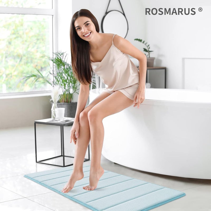 ROSMARUS سجادة حمام من فوم الذاكرة ROSMARUS - مقاس 20 × 32 بوصة، سجادة استحمام ماصة للماء، سجاد حمام سميك غير قابل للانزلاق مع ظهر PVC، فائق النعومة لأرضية الحمام وحوض الاستحمام، أزرق مائي - Image 2