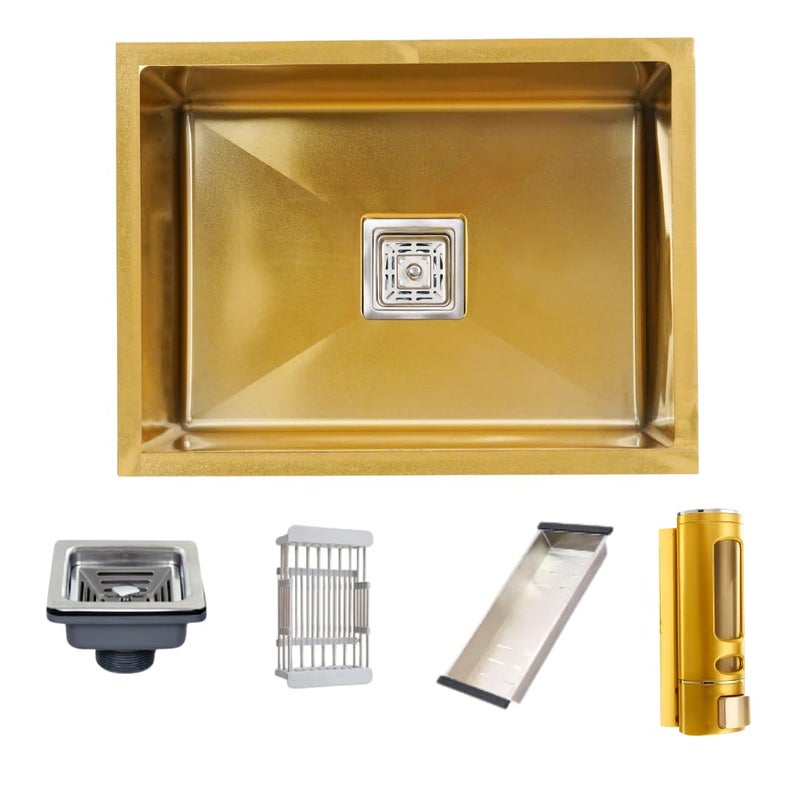 BOWLS  MORE Bowls More Single Bowl 24 X 18 X 10 Premium Handmade Kitchen Sink With Tray Basket And Soap Dispenser Sound Proof Single Bowl Stainless Steel Matt Finish Gold - Image 1