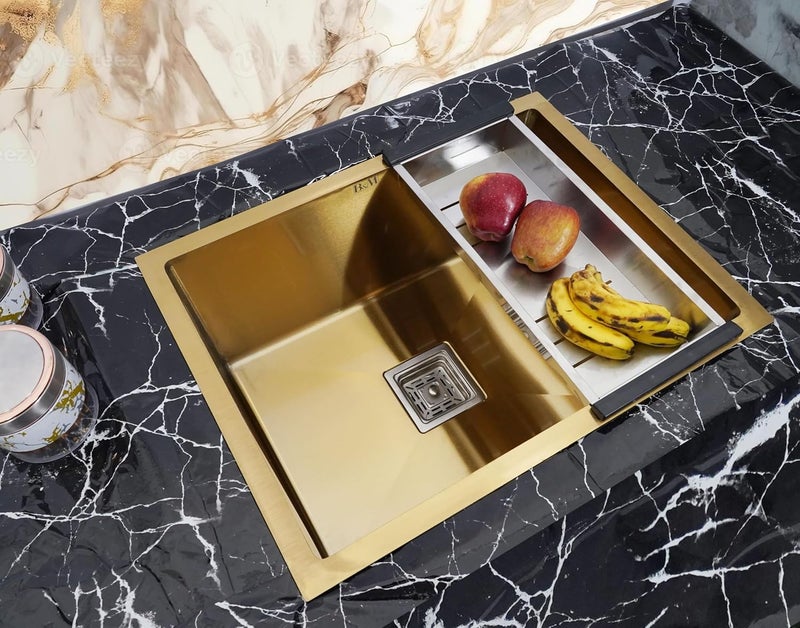 BOWLS  MORE Bowls More Single Bowl 24 X 18 X 10 Premium Handmade Kitchen Sink With Tray Basket And Soap Dispenser Sound Proof Single Bowl Stainless Steel Matt Finish Gold - Image 2