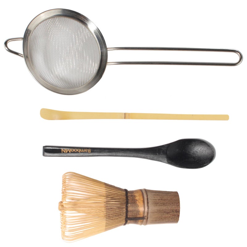 BambooMN Brand  Matcha Tea 4Piece Whisk Set  Short Black Whisk Hand Strainer Teaspoon  Chashaku  Bamboo Tea Accessories  1 Set
