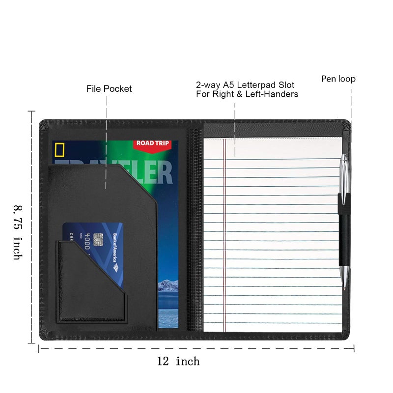 Gorbado Junior Padfolio Folder - A5 Portfolio Binder Case with 5 x 8 Writing Pad and Interior Storage Pocket Executive Business Organizer for Men Women, Black - Image 4
