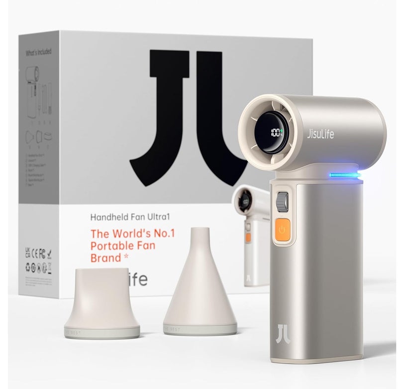 JISULIFE Portable Handheld Turbo Fan, 100 Speeds Adjustable Mini Personal Fan, 9000mAh USB Rechargeable Fan Battery Operated, LED Display, Metal Shell with Accessories Gifts for Men Women Travel Fan Mini Fan Brown - Image 1