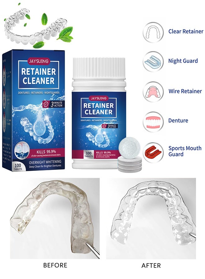 جايسوينغ 100 قرص أقراص تنظيف أطقم الأسنان ومنظف التقويم - يزيل الروائح والبقع - أقراص منظف التجنيب - للتقويم ، المثبتات ، أطقم الأسنان ، واقيات الليل - Image 1