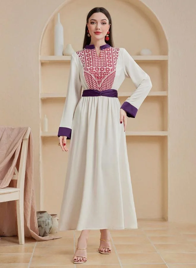 Beige Embroidered A-Line Maxi Dress With Long Sleeves