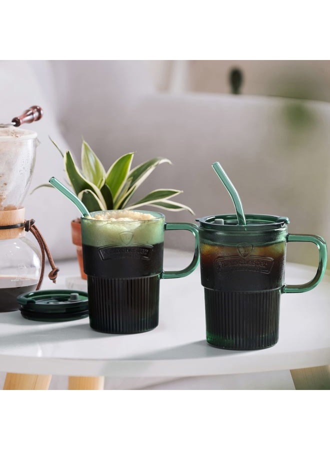 Joeyan Glass Coffee Cups Tumbler with Handle Lid and Straw,Smoothie Iced Tea Glasses Mug,Green Colored Drinking Jar for Water Juice Beverages Soda Milk,15oz,Set of 2,Dishwasher Safe  - Image 4
