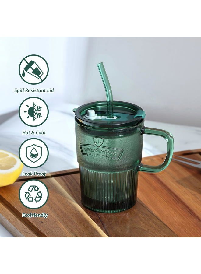 Joeyan Glass Coffee Cups Tumbler with Handle Lid and Straw,Smoothie Iced Tea Glasses Mug,Green Colored Drinking Jar for Water Juice Beverages Soda Milk,15oz,Set of 2,Dishwasher Safe  - Image 2