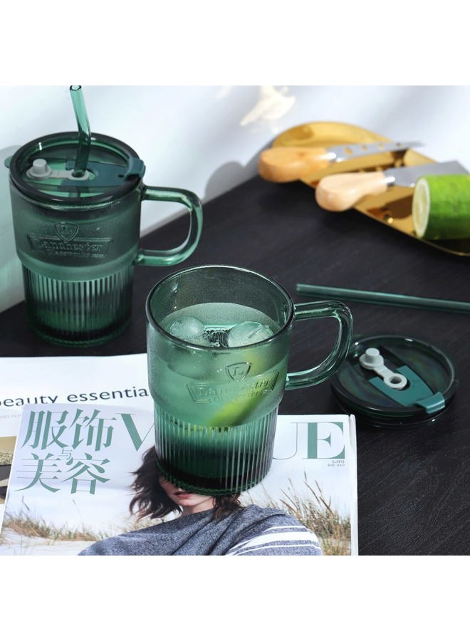 Joeyan Glass Coffee Cups Tumbler with Handle Lid and Straw,Smoothie Iced Tea Glasses Mug,Green Colored Drinking Jar for Water Juice Beverages Soda Milk,15oz,Set of 2,Dishwasher Safe  - Image 3