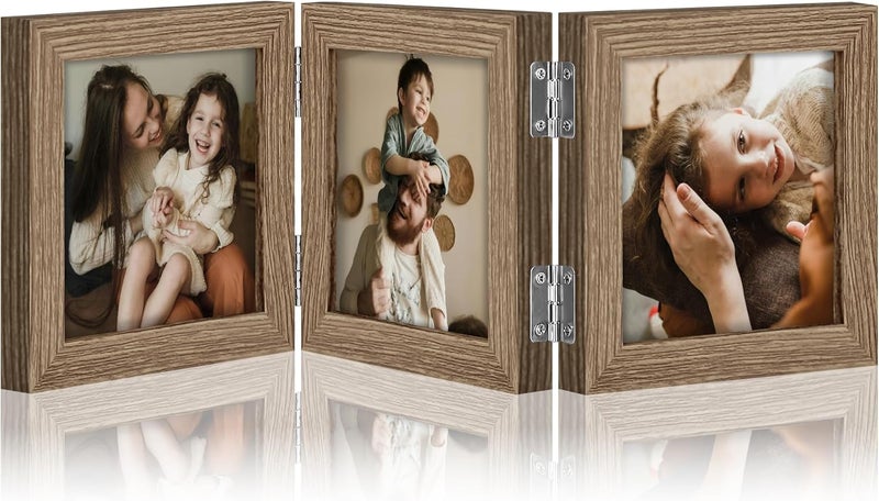 decorUhome Triple 4x4 Picture Frame Vertical, Engineered Wood Trifold Photo Frame with Plexiglass for Tabletop Display, 4x4, Oak - Image 1