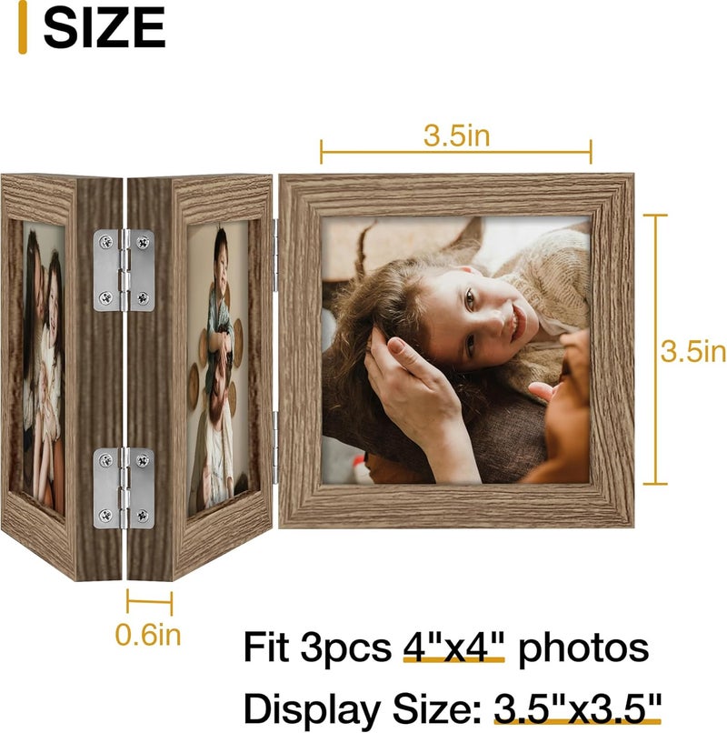 decorUhome Triple 4x4 Picture Frame Vertical, Engineered Wood Trifold Photo Frame with Plexiglass for Tabletop Display, 4x4, Oak - Image 4