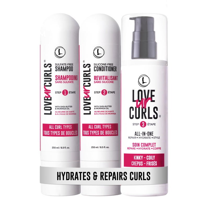 Love Ur Curls - Shampoo & Conditioner Set with All in One Curl Cream Styler for Kinky & Coily Hair, 3 Step System for Repair and Moisturizing - Image 1