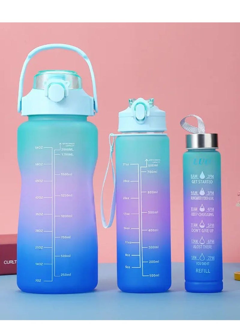Generic - 3-Pack Water Bottles with Handle and Straw, 2000ml/800ml/300ml, Motivational Water Bottle with Time and Capacity Markers, BPA-Free, Leak-Proof Graduated Drinking Bottles in Multicolor - Image 1