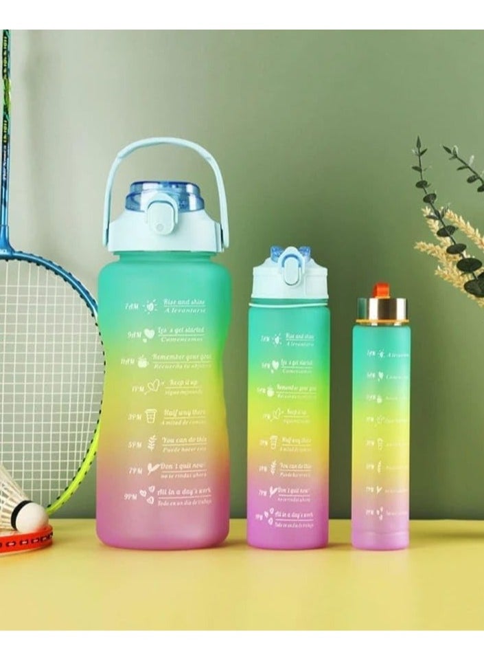 Generic - 3-Pack Water Bottles with Handle and Straw, 2000ml/800ml/300ml, Motivational Water Bottle with Time and Capacity Markers, BPA-Free, Leak-Proof Graduated Drinking Bottles in Multicolor - Image 1