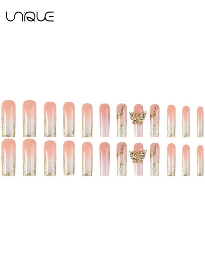 Unique 24Pcs Fake Nails, Press Nails, Mid-length Ballet Manicure - White Gradient Gold Foil Manicure - Golden Butterfly Manicure - Fake Nail Patch - Image 5