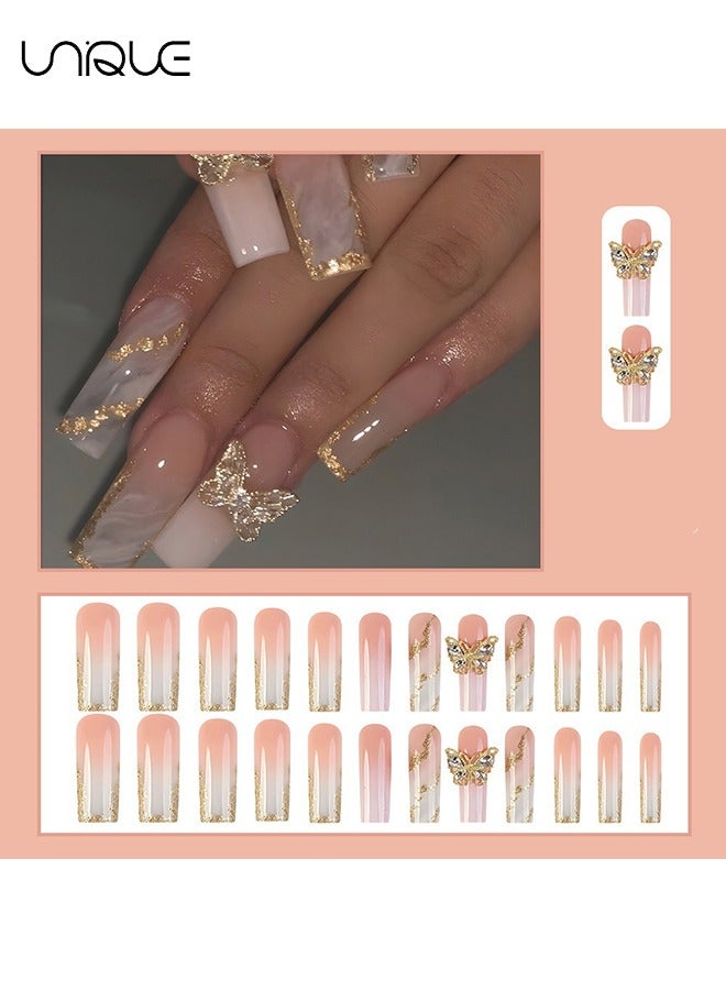 Unique 24Pcs Fake Nails, Press Nails, Mid-length Ballet Manicure - White Gradient Gold Foil Manicure - Golden Butterfly Manicure - Fake Nail Patch - Image 2