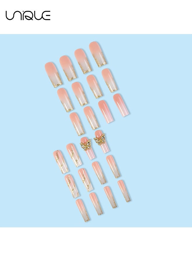 Unique 24Pcs Fake Nails, Press Nails, Mid-length Ballet Manicure - White Gradient Gold Foil Manicure - Golden Butterfly Manicure - Fake Nail Patch - Image 4