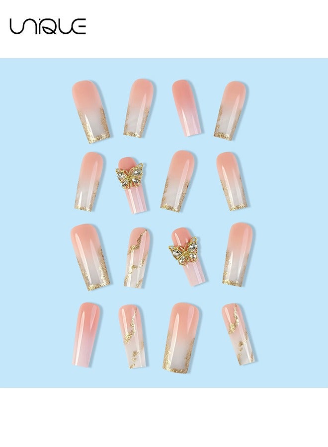 Unique 24Pcs Fake Nails, Press Nails, Mid-length Ballet Manicure - White Gradient Gold Foil Manicure - Golden Butterfly Manicure - Fake Nail Patch - Image 3