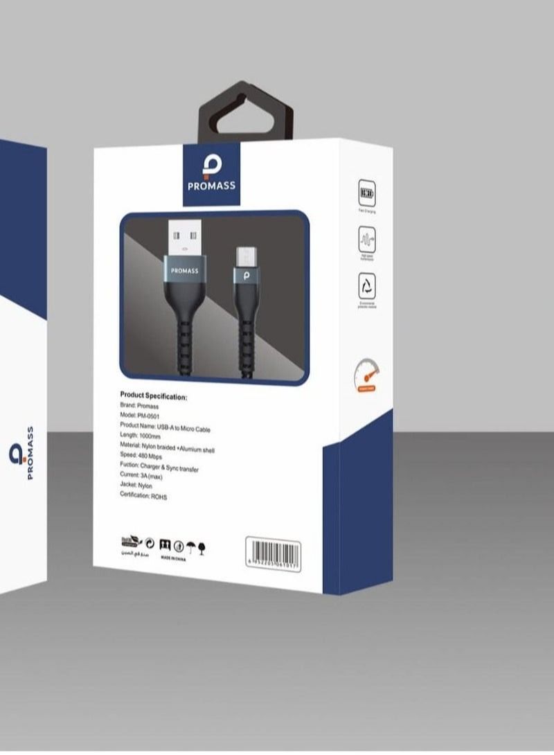 PROMASS Micro Charging Cable 1 meter long anti cutting fabric supports 3A fast charging - Image 2