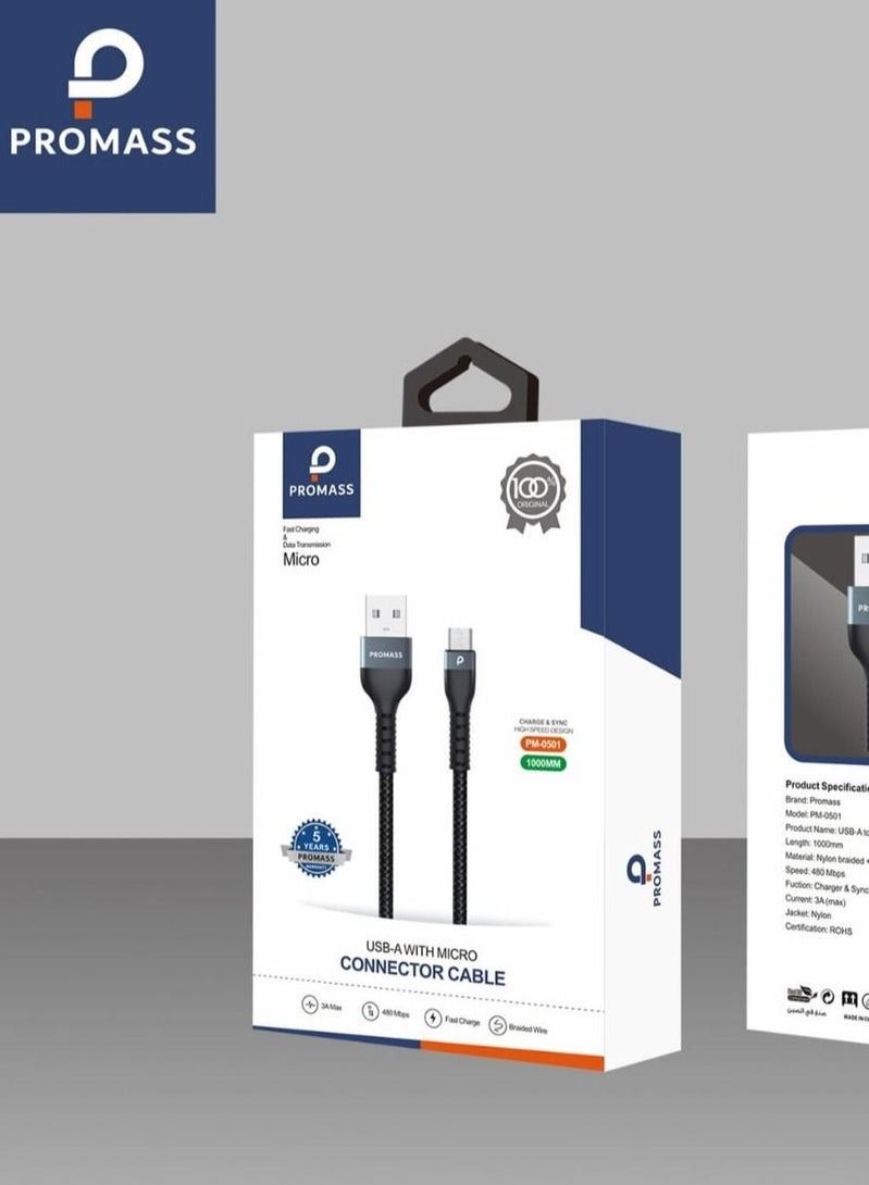 PROMASS Micro Charging Cable 1 meter long anti cutting fabric supports 3A fast charging - Image 1