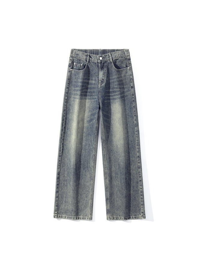 Men's Hong Kong-style Semi-elastic Jeans Men's And Women's Loose Straight Cleanfit Genderless Wide-leg Pants