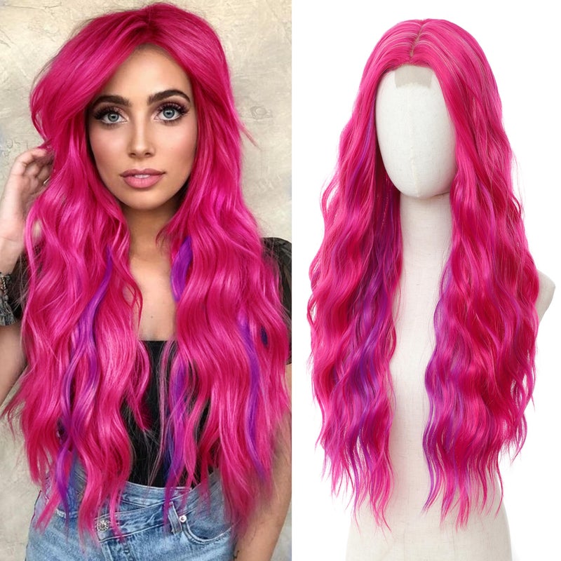 BUPPLER Cosplay Long Hot Pink mix Purple Wig 28 Inch Middle Part Synthetic Wig Realistic Gifts Party Wigs for Women Daily Use Colorful Wigs Hot Pink mix Purple - Image 2