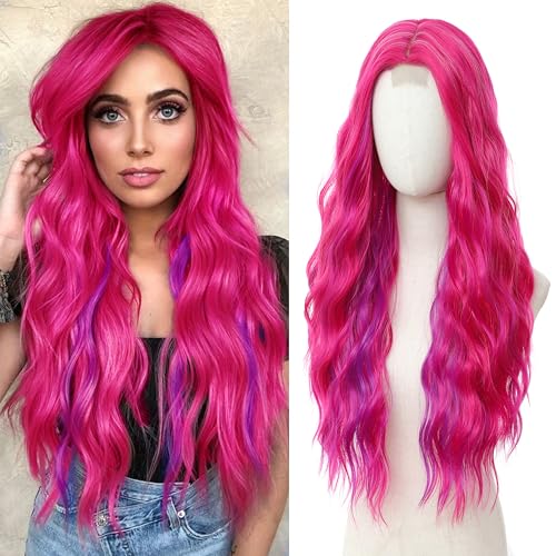 BUPPLER Cosplay Long Hot Pink mix Purple Wig 28 Inch Middle Part Synthetic Wig Realistic Gifts Party Wigs for Women Daily Use Colorful Wigs Hot Pink mix Purple - Image 1