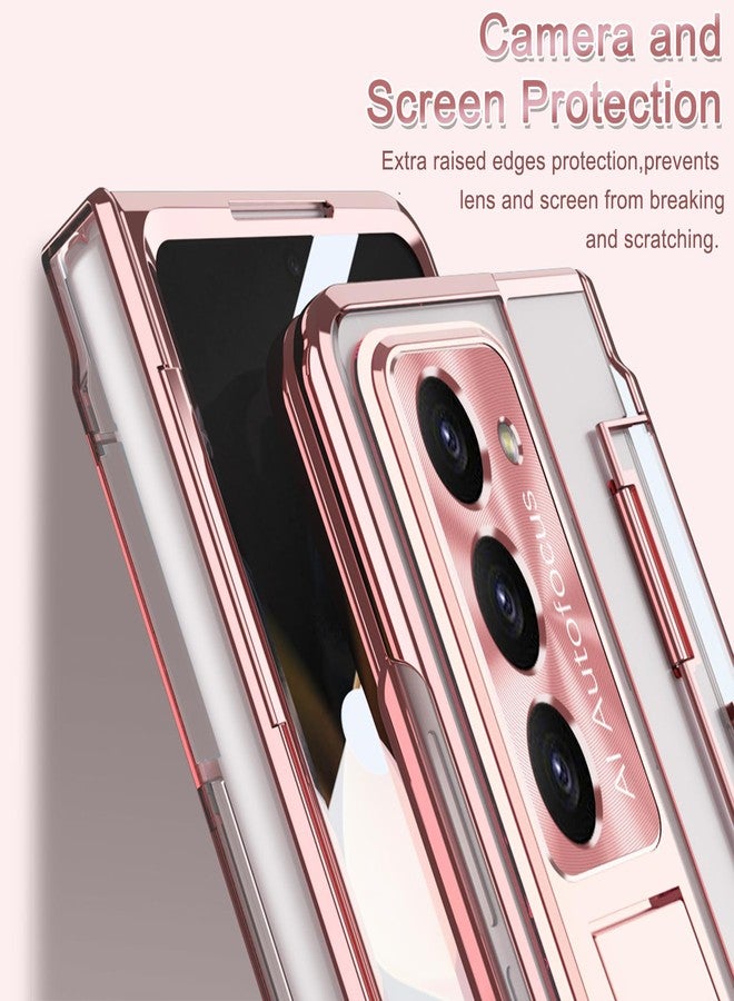 NINKI Luxury Hinged Case for Samsung Z Fold 4 with S Pen & Holder, 5 in 1 Screen Protector, Transparent Kickstand Rose Gold - Image 4