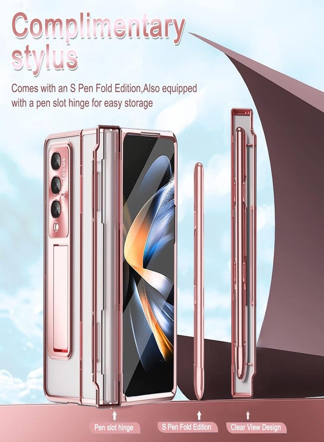 NINKI Luxury Hinged Case for Samsung Z Fold 4 with S Pen & Holder, 5 in 1 Screen Protector, Transparent Kickstand Rose Gold - Image 2