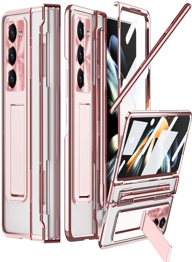 NINKI Luxury Hinged Case for Samsung Z Fold 4 with S Pen & Holder, 5 in 1 Screen Protector, Transparent Kickstand Rose Gold - Image 1