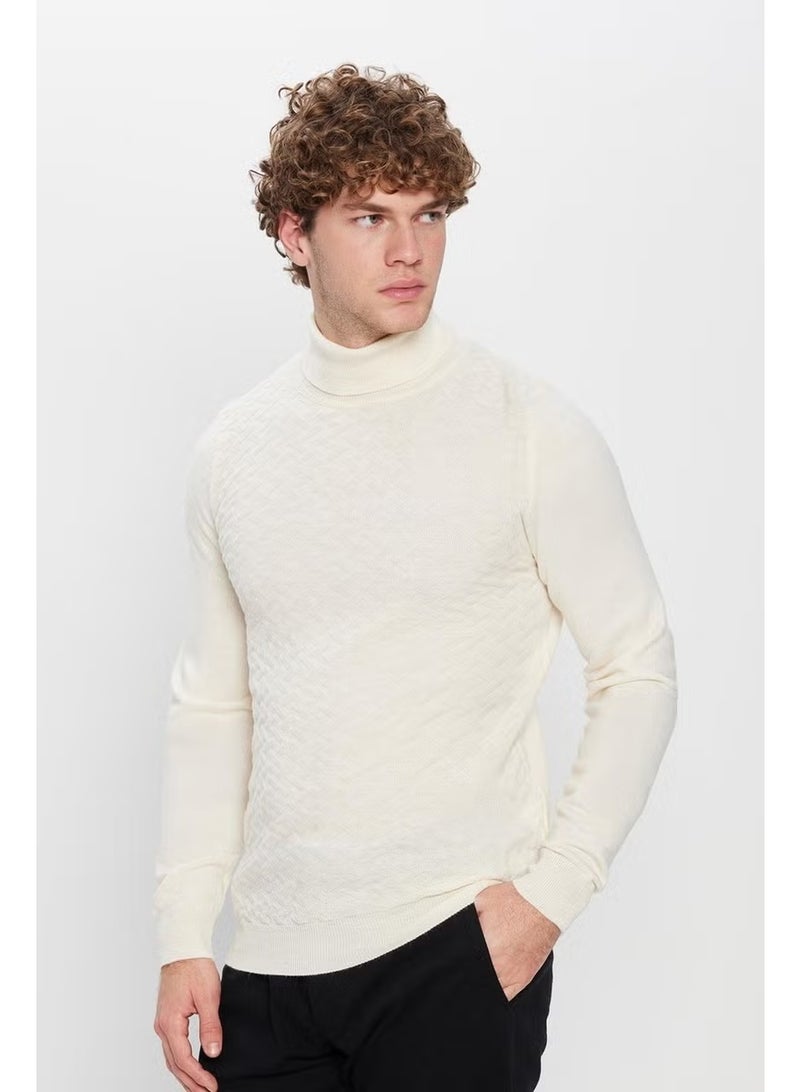 Tudors Full Turtleneck Front Patterned Ecru Men's Knitwear Sweater - Image 2
