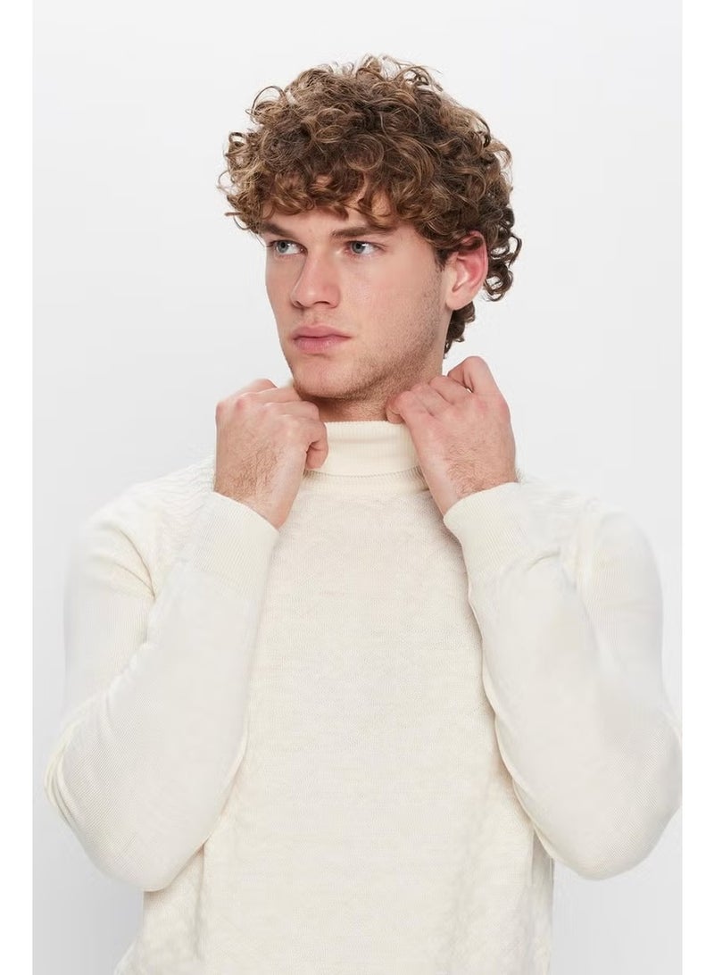 Tudors Full Turtleneck Front Patterned Ecru Men's Knitwear Sweater - Image 1