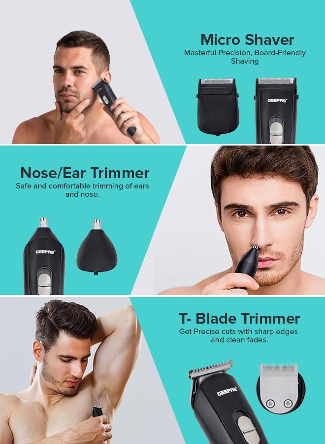 GEEPAS 11-in-1 Rechargeable Grooming Set,Hair/ Bread/ Nose/ Ear/ Body Trimmer | 5 Changeable Heads | Li-Ion Battery | 60mins Working Time | LED Display | 4 Combs Attachments Black/Silver - Image 5