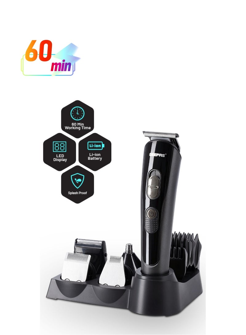GEEPAS 11-in-1 Rechargeable Grooming Set,Hair/ Bread/ Nose/ Ear/ Body Trimmer | 5 Changeable Heads | Li-Ion Battery | 60mins Working Time | LED Display | 4 Combs Attachments Black/Silver - Image 1