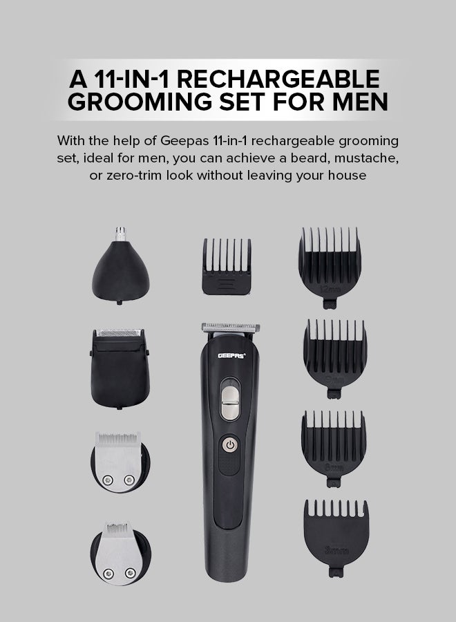 GEEPAS 11-in-1 Rechargeable Grooming Set,Hair/ Bread/ Nose/ Ear/ Body Trimmer | 5 Changeable Heads | Li-Ion Battery | 60mins Working Time | LED Display | 4 Combs Attachments Black/Silver - Image 3