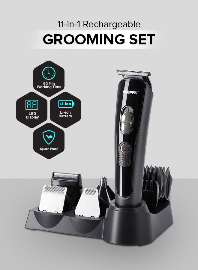 GEEPAS 11-in-1 Rechargeable Grooming Set,Hair/ Bread/ Nose/ Ear/ Body Trimmer | 5 Changeable Heads | Li-Ion Battery | 60mins Working Time | LED Display | 4 Combs Attachments Black/Silver - Image 2