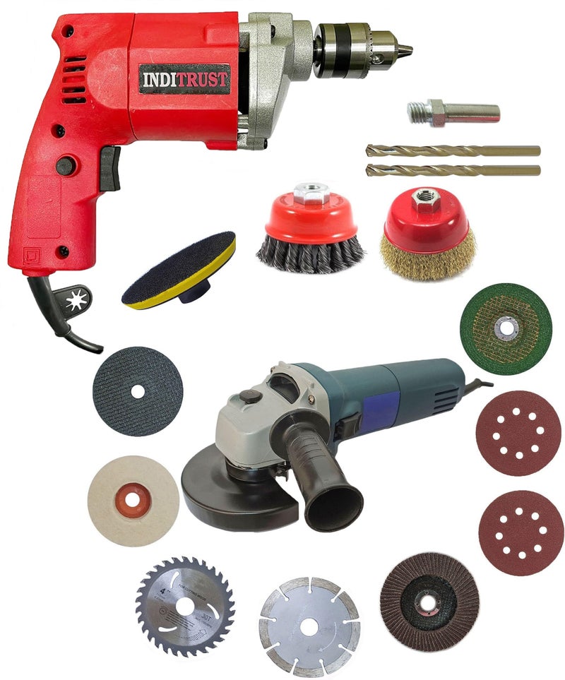 Inditrust New 850W Blue Angle grinder machine & 10mm Drill machine 11pc wheel 2pc Masonry 1pc Bolt Angle Grinder - Image 1