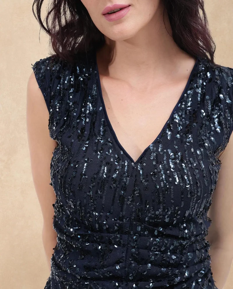 Rareism Women's V-Neck Sequin Top With Front Ruching