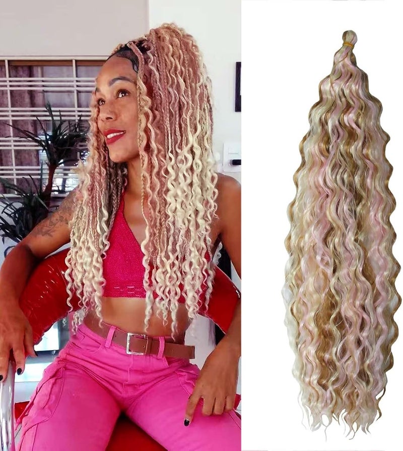 دسور شعر صناعي بموجات عميقة وتموجات متموجة لتصنيع حزم الشعر على شكل موجات البحر، طول 22 بوصة، 3 عبوات، اللون 27/613/وردي - Image 1
